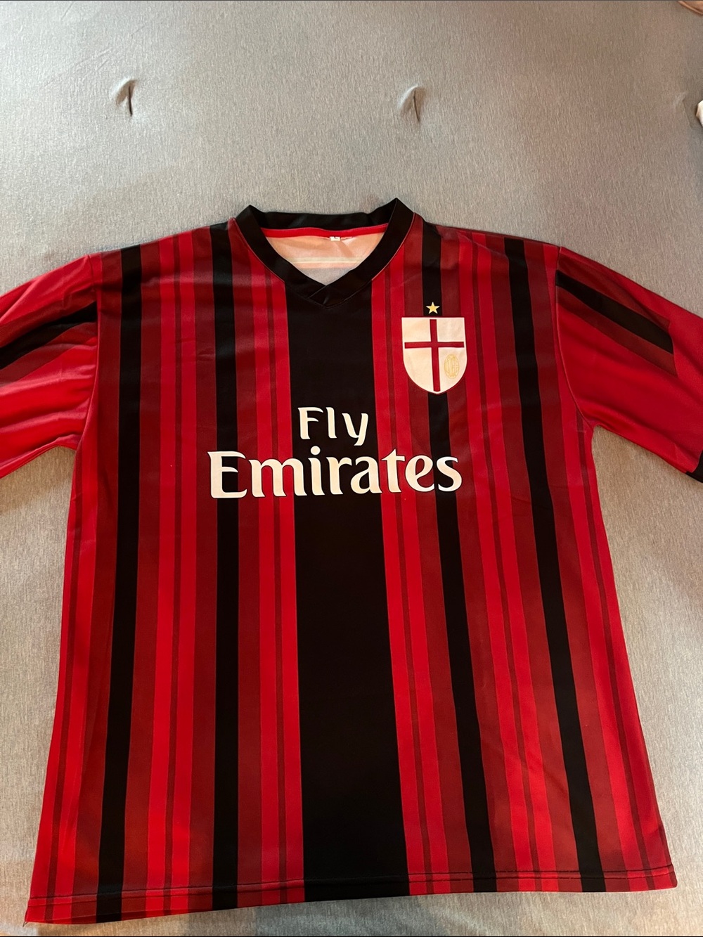 AC Milan Red & Black Striped Soccer Jersey - Fly Emirates